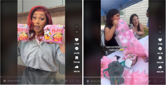 (왼쪽부터)유명 래퍼 카디비의 '까르보불닭볶음면' 후기 영상, 생일선물로 '까르보불닭볶음면'을 받고 눈물을 터뜨리는 소녀 영상. 틱톡 갈무리